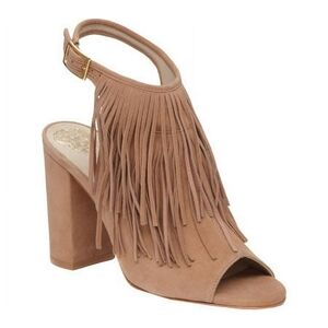 Fringe Block Heel Sandals - Tan